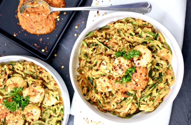 shrimp zoodles with roasted red pepper sauce